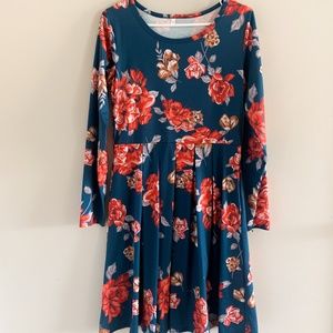Floral Long Sleeve Pleated Swing Dress